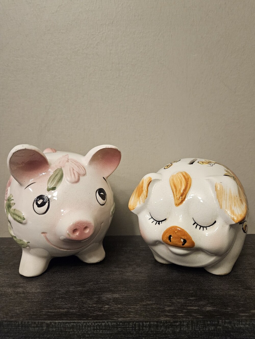 Vintage Hand-Painted Ceramic Piggy Banks - Set of 2